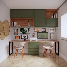 two white chairs sitting in front of a desk with pictures on the wall behind it