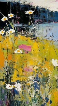 an abstract painting of daisies and other wildflowers in a field by the water