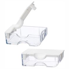 two clear plastic boxes with toothbrushes in them on a white background, one is open and the other is closed