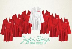 red and white robes are lined up in a row with the words joyful things bridal boutique