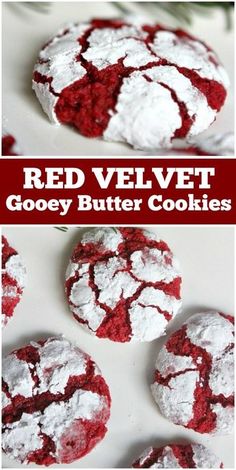 red velvet gooey butter cookies with white powdered sugar on top and the words, red velvet gooey butter cookies