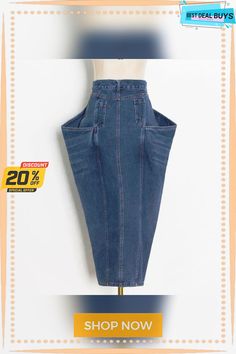 Women's Irregular Washed Denim Skirt Baggy High-waist Denim Blue Denim Skirt, Baggy High Waist Denim Blue Denim Skirt, Baggy High Waist Denim Blue Skirt, High Waist Baggy Denim Blue Skirt, Baggy Dark Wash Denim Skirt With Pockets, Baggy High Rise Denim Skirt With Pockets, Washed Denim, Denim Wash, Denim Skirt