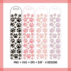 three dog paw print bookmarks with pink, black and white designs on the front