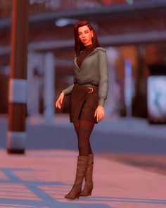 a woman is standing on the sidewalk wearing tight stockings and knee high boots with her hands in her pockets