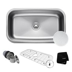 stainless steel kitchen sink with accessories including strainer, grate and cleaning mitt