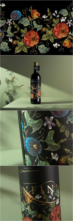 three different views of a vase with flowers and leaves on it, one has a bottle in the middle