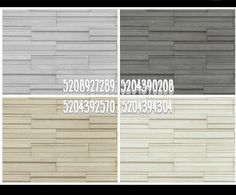 four different types of wall tiles in various colors and sizes, with the names on each side