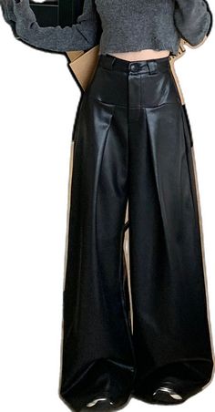 Winter Wide Leg Faux Leather Pants, Black Faux Leather Wide-leg Pants, Wide Leg Faux Leather Pants For Office Wear, Wide-leg Black Faux Leather Pants, Spring Wide Leg Faux Leather Bottoms, Spring Faux Leather Wide Leg Bottoms, Black Faux Leather Straight Pants, Black Faux Leather Office Bottoms, Black Leather Wide-leg Pants