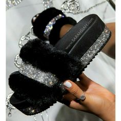 Slip-On Entry Vegan Fur Strap Embellished Detailing On Vegan-Fur Strap Embellished Rhinestone Detailing On Platform Sole Lightly Padded Insole Heel Height Approx: 2" Platform Height Approx: 1.75" Black Sandal True Size Slippers Platform, Rhinestone Slides, Dr Shoes, Rhinestone Flats, White Shoes Women, Crystal Fashion, Platform Wedge Heels, Bling Shoes, Womens Summer Shoes