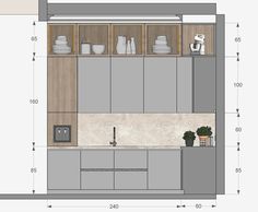 a drawing of a kitchen with cabinets and cupboards on the wall, along with a potted plant