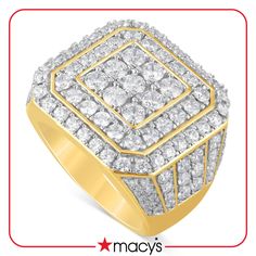 Bold, strong and sophisticated, this men's ring glows with the powerful sparkle of multiple diamond clusters, set in a wide tapered gold ring. Gold Sign, Diamond Cluster Ring, Diamond Cluster, Beauty Gift, Cluster Ring, Modern Man, 10k Gold, A Symbol, Gold Rings