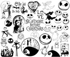 the nightmare before christmas clipart set is shown in black and white, with lots of different characters