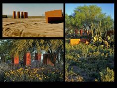 four different views of the desert with cactus trees and other plants in it, including an orange building