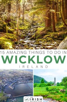 the cover of an irish book with pictures of trees, water and land in it