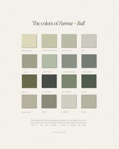 the colors of farrow and ball are shown in different shades, from green to gray