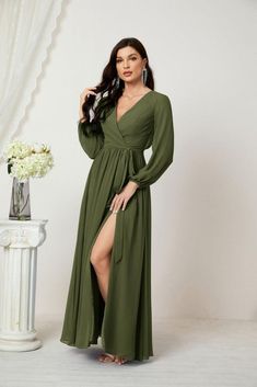 Numbersea Evening Dresses Deep V-Neck Chiffon Bridesmaid Dresses Long Bishop Sleeve Side Split Formal Dress 2806-numbersea Martini Olive, Bridesmaid Dresses Long, Bridesmaid Dresses Azazie, Bridesmaid Dresses Long Chiffon, Chiffon Bridesmaid Dresses, Azazie Bridesmaid Dresses, Ballet Pink, Bishop Sleeve, Long Bridesmaid Dresses