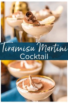 three martinis with chocolate and whipped cream in them, on a blue tablecloth