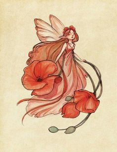 a drawing of a fairy with flowers on her back and wings flying through the air