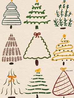 christmas trees are drawn in different colors and sizes