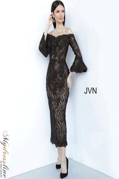 Looking for an elegant and stylish dress for your next special occasion? Look no further than the Jovani JVN2241 off the shoulder tea length lace evening dress. This beautiful dress features a flattering off the shoulder neckline, delicate tea length skirt, and intricate lace detailing. Whether you're attending a wedding, gala, or other formal event, this dress is sure to turn heads. Tea Length Cocktail Dresses, Head Turning Dress, Tea Length Skirt, Lace Evening Gowns, Lace Formal Dress, Delicate Embroidery, Jovani Dresses, Ultra Feminine, Lace Dress With Sleeves