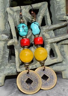 Tibetan Inspired Turquoise, Red Coral and Yellow Jade Coin Earrings