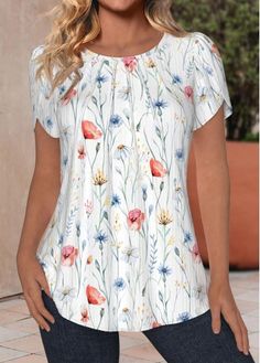 Color:White;Size:S;Size:M;Size:L;Size:XL;Size:XXL;Package Contents:1 X Blouse;Occasion:Other;Style:Bohemian; Non-stretch Printed White Blouse, White Printed Non-stretch Blouse, White Floral Print Non-stretch Top, White Non-stretch Floral Print Top, White Non-stretch Spring Blouse, Casual White Tops With Floral Print, Non-stretch White Blouse For Spring, White Non-stretch Short Sleeve Blouse, Casual White Printed Blouse