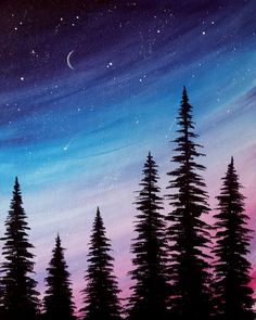 a painting of trees and the night sky