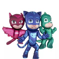 three inflatable toys that look like the characters of pj masks and tails