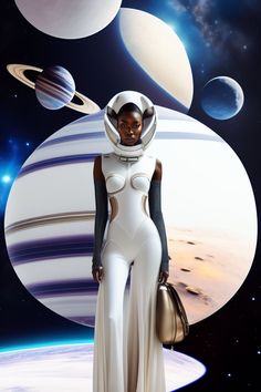 a woman standing in front of an image of saturn