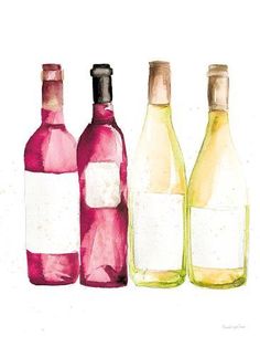 three bottles of wine are lined up on a white surface, one is pink and the other is green