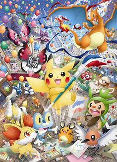 many different types of pokemon characters are depicted in this image, including the pikachu and