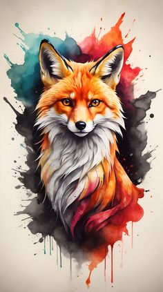 a painting of a red fox with watercolor splashs on it's face