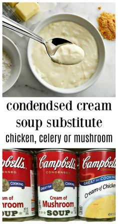 the ingredients for soup and cream are shown in this collage with text overlay