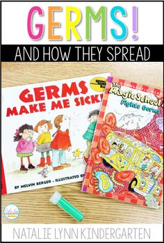 two children's books with the title germs and how they spread them