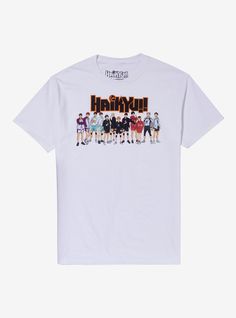 Are you team Karasuno  Shiratorizawa  Aoba Johsai  Nekoma or Fukurodani? You can rep all of them with this Haikyu!! tee! It features a group portrait of a few key players from each school with the anime logo up top.100% cottonWash cold; dry lowImportedListed in men'sunisex sizes White Cotton T-shirt For Fan Events, White Cotton Tops For Fan Events, Sublimation Print T-shirt For Fan Gatherings, Sublimation Print Crew Neck T-shirt For Fan Gatherings, White Character Print Tops For Fan Events, White Character Print T-shirt For Fan Conventions, White T-shirt With Character Print For Fan Conventions, White Screen Print Top For Fan Conventions, White Graphic Tee For Fan Conventions