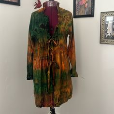 This Is Such A Cool Jacket. I Wish It Fit Me. I Never Got To Wear It. It’s Really Nice. It’s 100% Cotton. It Has This Amazing Tie-Dye Pattern On It In Like Cleats In The Front And Ruffles On The Sleeves And Two Ties In The Front It’s Like Victorian Meets Hippie Bohemian Fabulous Any Questions Please Ask And Thanks For Looking. Bohemian Fitted V-neck Outerwear, Fitted Bohemian V-neck Outerwear, Duster Jacket, Cool Jackets, Tie And Dye, Tie Dye Patterns, Hippie Bohemian, 100 Percent, Really Cool Stuff