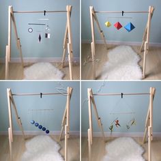 four different shots of a baby crib with toys hanging from it's sides