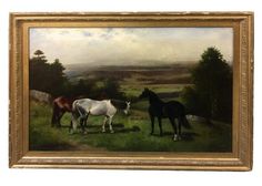 three horses in a field with trees and hills in the background, framed art print on canvas