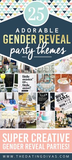 the 25 adorable gender reveal party themes are featured in this postcard style photo collage