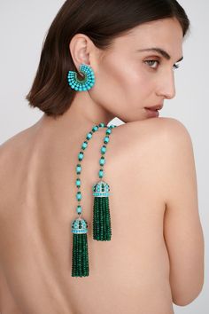 536.31 carats of Turquoise Beads 3.09 carats of round diamonds Lariat is set in 18K White gold Measures 44 inches in length Small Flower Earrings, Turquoise Stone Jewelry, Turquoise Ocean, Silver Jewellery Indian, Tassel Jewelry, Amethyst Beads, Classic Jewelry, Turquoise Earrings, High Jewelry