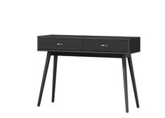 a black desk with two drawers on one side and an open drawer on the other