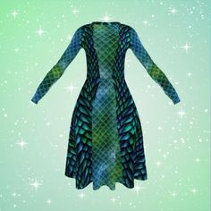 Introducing my enchanting "Green Fantasy" Long Sleeve Midi Dress!  This extraordinary piece features a one of a kind design that creates a captivating layered look with its stunning green dragon scales and mermaid scale pattern center.  Perfect for any occasion with its long sleeves and pockets, this dress combines magic and practicality.  The fitted waist and flared bottom accentuate your naturally beautiful silhouette, while the soft fabric and flattering cut ensure you stay comfortable and fe Green Mermaid, Belle Silhouette, Blue Mermaid, Dragon Scale, Mermaid Scales, Gothic Dress, Cosplay Dress, Boat Neckline, Fantasy Dress