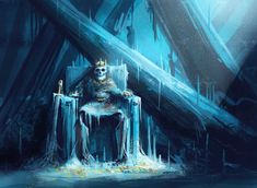 a man sitting on top of a throne in the middle of a room filled with ice