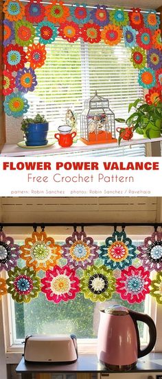 an image of a kitchen window with flowers on the valance and free crochet pattern