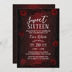 a black and red birthday party card with roses