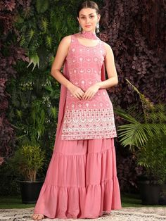 Copy of Women Embroidered Mirror Work Straight Georgette Kurti with Sharara & Dupatta VitansEthnics Sharara Design, Kurta With Sharara, Ethnic Motifs, Weave Fabric, Mirror Work, Pure Cotton, Pink White, Design