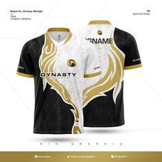 the front and back of a black and white jersey with gold detailing, featuring an image of a lion's head