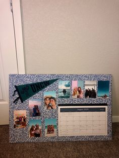 a calendar with pictures and magnets attached to it