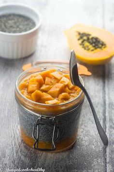 Papaya, Chia & Coconut Pudding  with a spoon with a halved papaya and white dish of chia seeds in the background. Maple Syrup Salmon, Chia Seed Coconut Milk, Papaya Recipes, Chia Pudding Recipe, Healthy Foods To Make, Coconut Dessert, Papaya Fruit, Coconut Pudding