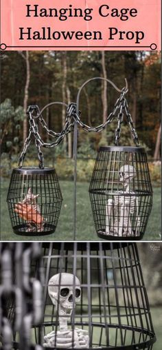 a skeleton in a cage with the words hanging cage halloween prop on it's side